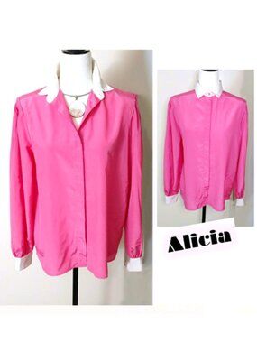 ALICIA Pink White Trim Blouse Polyester L-Sleeve Collar Button Down Relaxed Fit